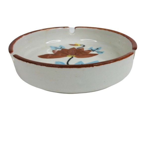 Vintage Round Ceramic Ashtray Flowers Blue Brown 4 7/8" Cigarette Stoneware - Picture 2 of 6